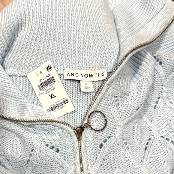 Blue Cable Knit Zip-Front Cardigan Sweater